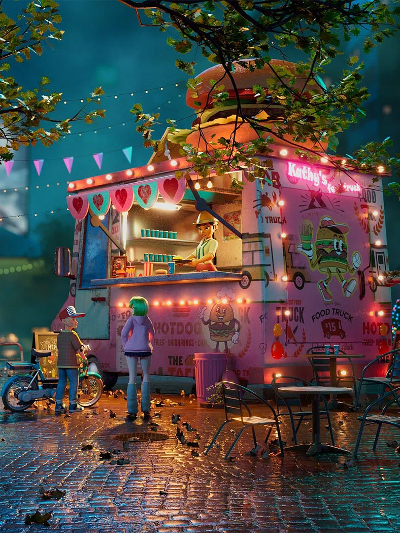 Rendered scene of characters ordering from a food truck at night